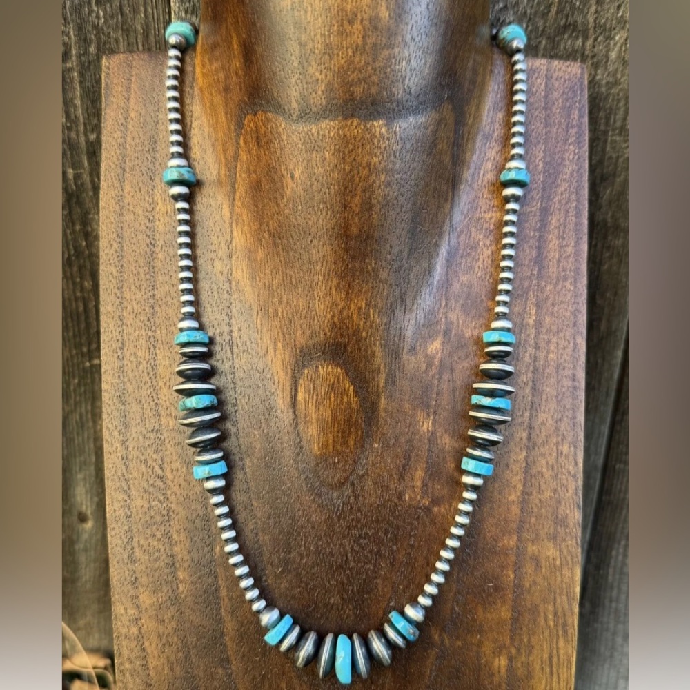 Sterling Silver Blue Turquoise Flat Saucer Pearls Bead Necklace 20 inch